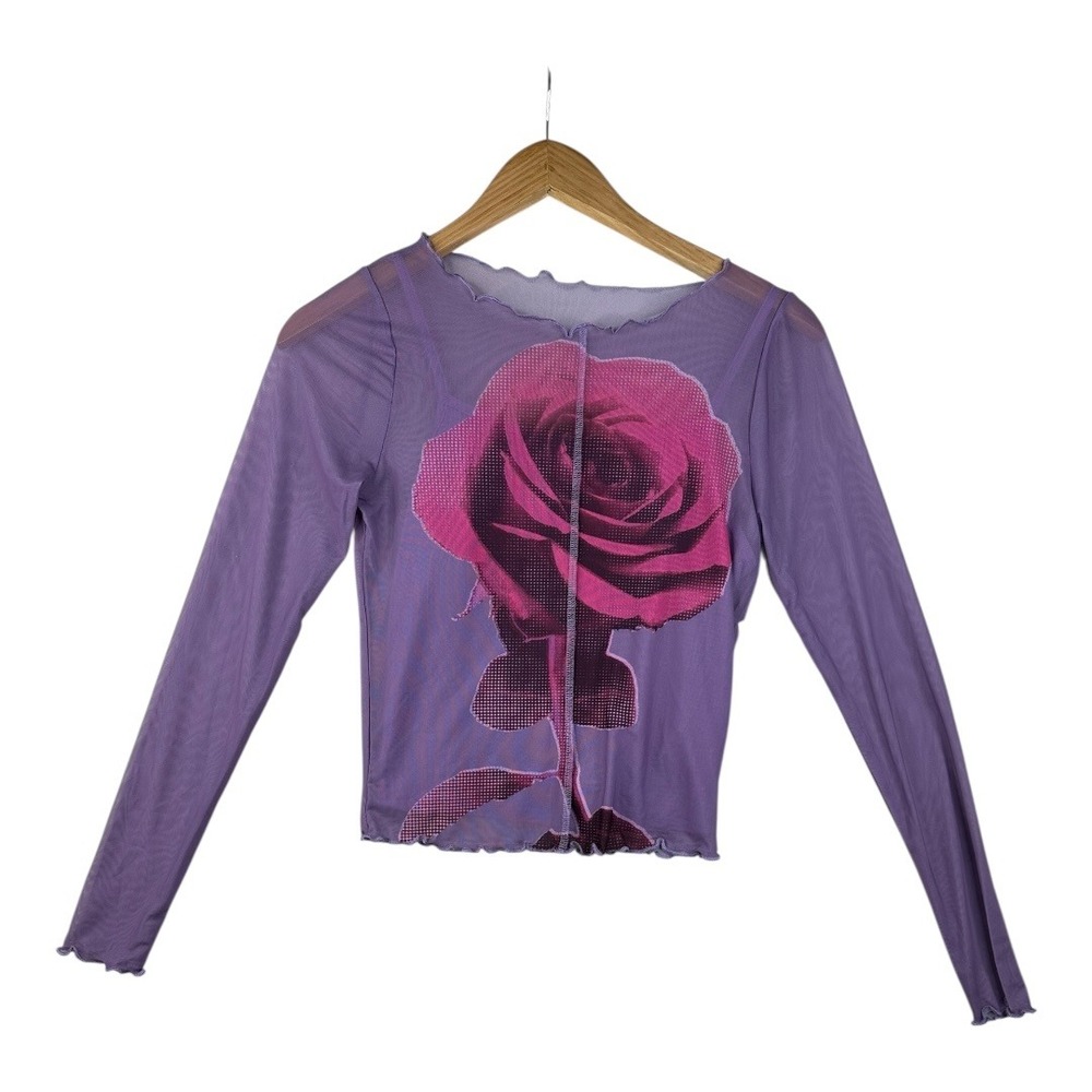New Arizona Sheer‎ Sleeve Rose Print Long Sleeve Blouse size Small Purple